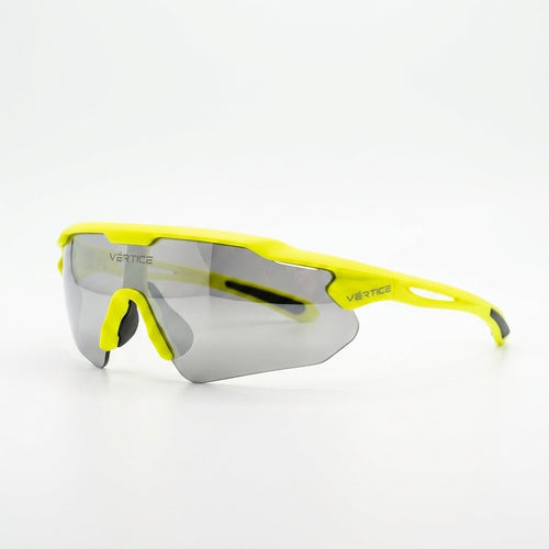 Vertice sport sunglasses with a bright neon yellow frame and a large silver mirrored shield lens, shown on a clean white background.